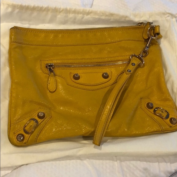 Balenciaga Handbags - Balenciaga mustard yellow rose gold stud clutch